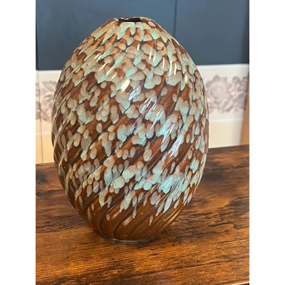 Vintage Studio Pottery Vase | Brown & Seafoam Drip Glaze